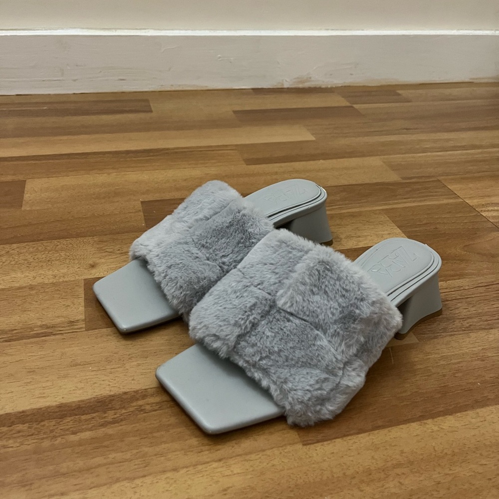 Zara Light Gray Blue Faux Fur Mules